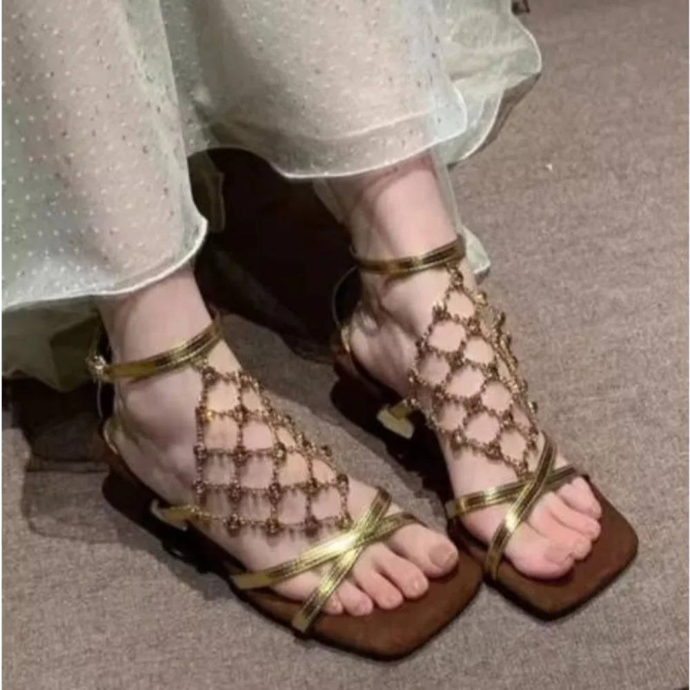 Mesh Strap Metal - Sandálias Romanas Femininas de Salto Alto